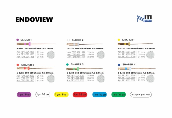 ENDOVIEW ((13/03, 15/05, 20/06, 25/06, 30/06 x2) - ассорти, файлы для корневой обработки, тип NiTi 21мм (6шт), Geosoft / Россия-Израиль